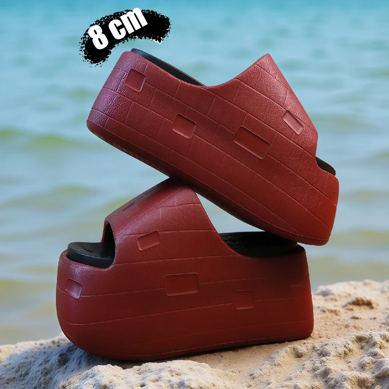 New 8 cm High Platform EVA Slippers Women Unique Brick Pattern Elevator Clogs Stylish Summer Chunky Shoes Woman Slides Slipper