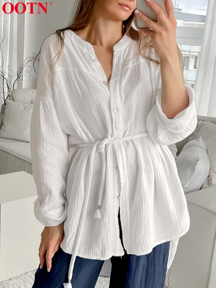 OOTN-Chemisier blanc en coton à manches longues et col rond pour femme, chemise décontractée à la mode avec boutons en Y, automne 2024