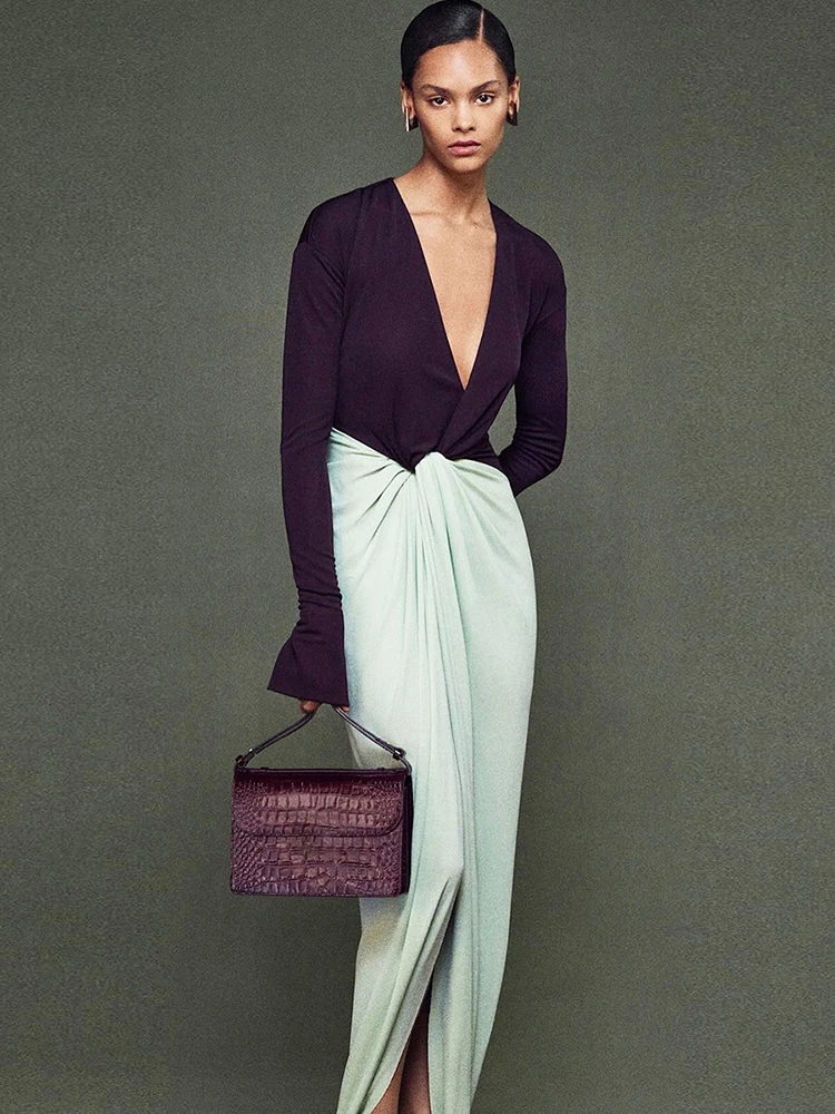 Nibber 패션 명암 컬러 패치 워크 긴 원피스 여자 깊은 V-Neck 플라 슬리브 Ruched Hem Street 우아한 스키니 베스티도