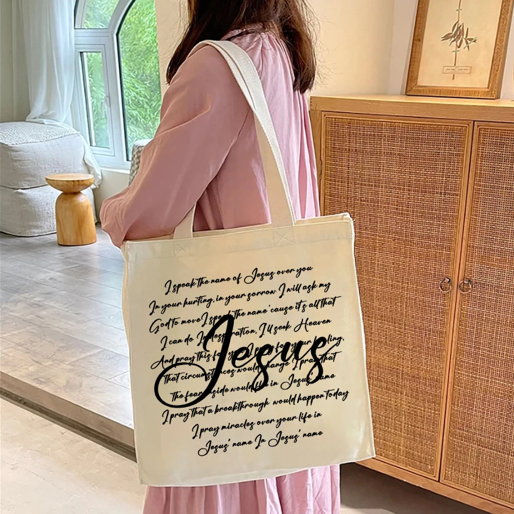 Speak The Name of Jesus Tote Bag Womens Handbags Christian Merch Ladies Shoulder Bag Reusable Grocery Large Capacity Canvas Bags