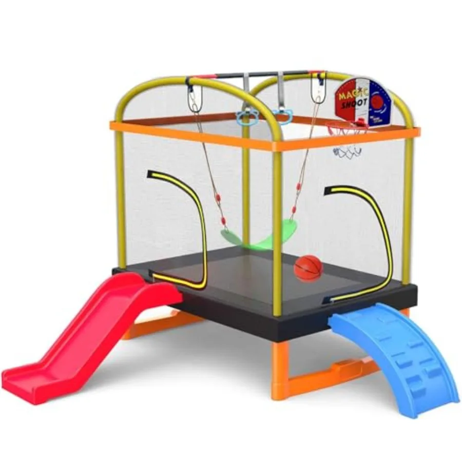 

6,5 футов 7-в-1 прямоугольный батут для восхождения, качели, баскетбольное кольцо, многофункциональное мини-батут для дома и улицы