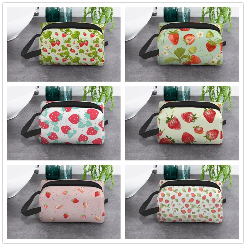 Strawberry fruit leaf Makeup bag Ladies Zipper large print travel storage Toiletry bag Pen bag Suitable gifts