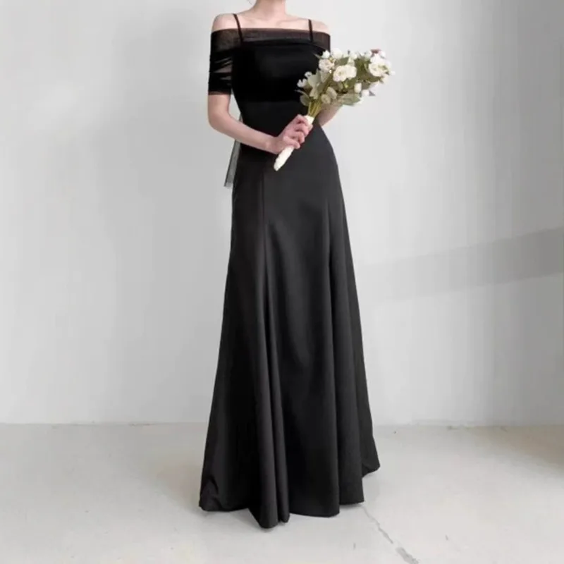 

Satin Black Suspender Simple Evening Dress A-line Elegant Temperament 2025 New Fashion Party Dresses Short Sleeve Strap Back