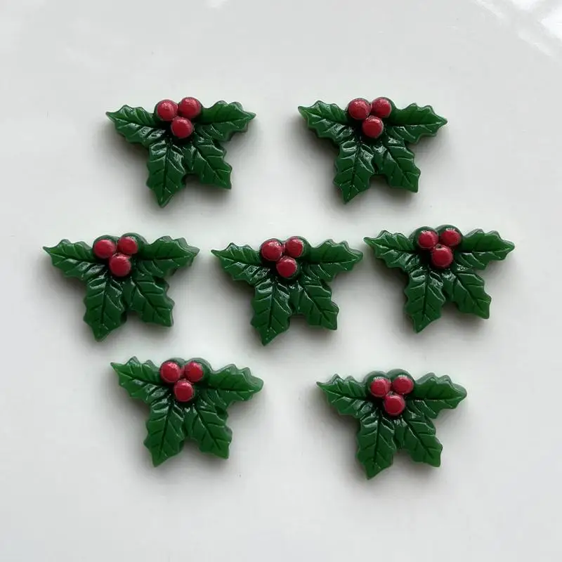 10pcs Resin Cute Christmas Holly Leaf Flat Back Cabochon Art Decoration Charm  resin flatback  25x19mm