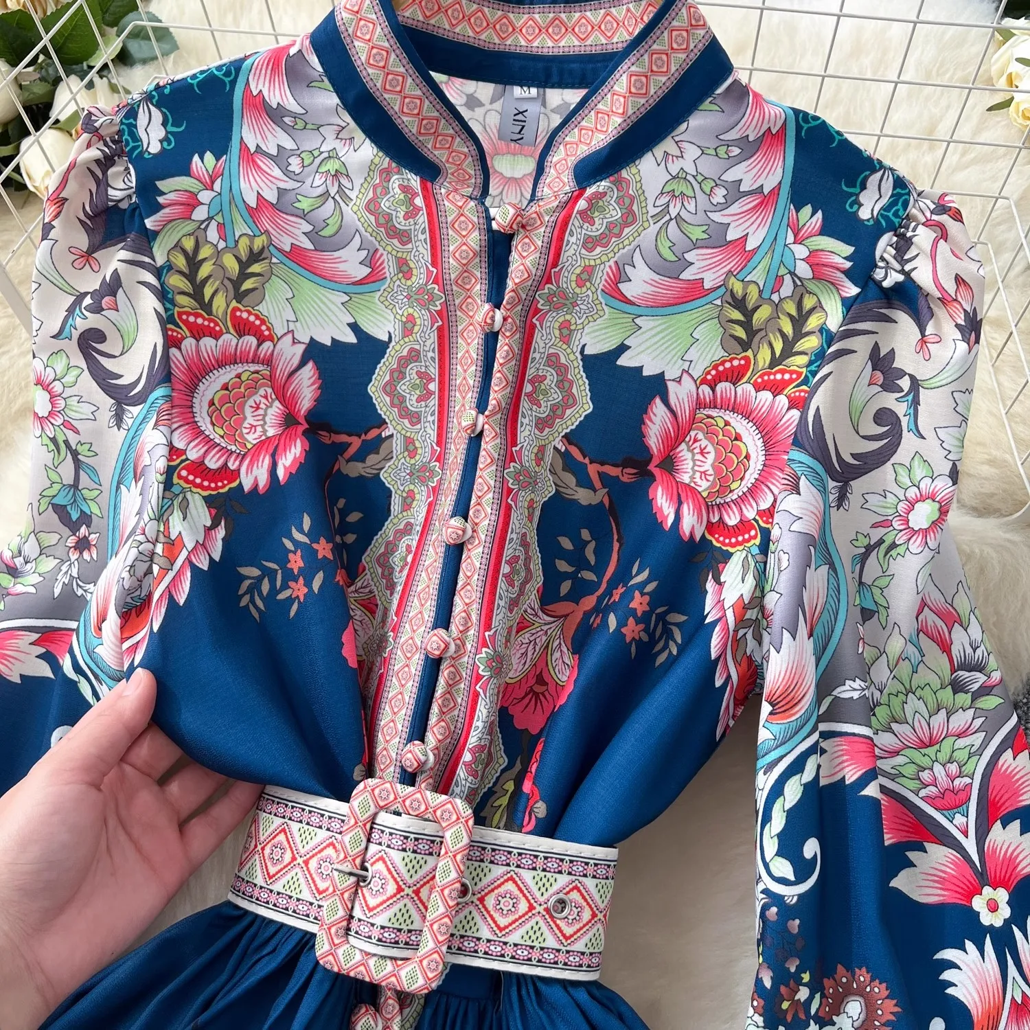 Abito lungo bohémien con stampa floreale vintage Paisley Abito lungo da donna con scollo a V Manica lunga a lanterna Cintura monopetto Slim Boho Vestidos