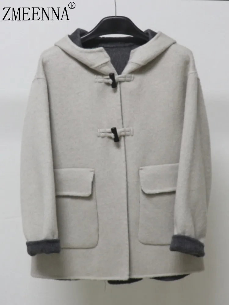 

ZMEENNA Womens Hooded Short Duffle Coat Light Gray Wool Blend Jacket Toggle Closure Contrast Cuff Winter Outerwear ZM4298