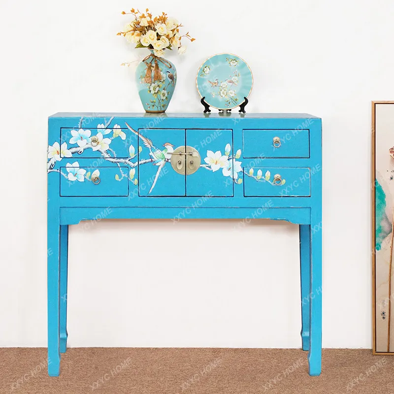 XXChinese all solid wood strip case antique and old simple entrance cabinet painted entrance table