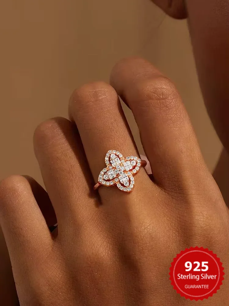 

925 Sterling Silver Simplicity Classic Zircon Clover Open Ring For Women Engagement Wedding Luxury High Quality Fine Jewelry