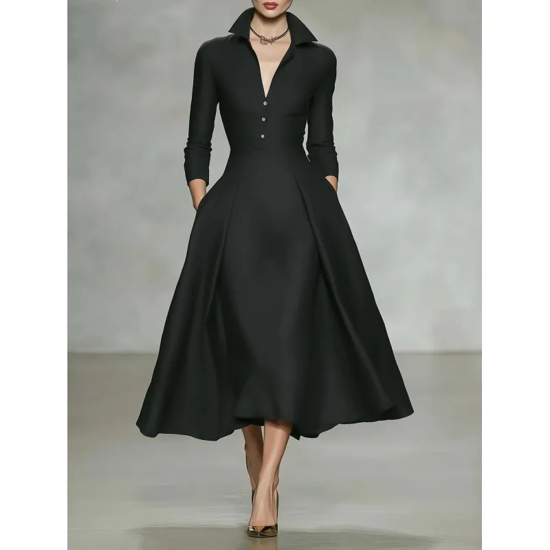 Women Elegant V Neck Long Sleeve Shirt Dress Waist Cinched Flared Midi Dress Formal Party Casual Autumn Winter Outfit