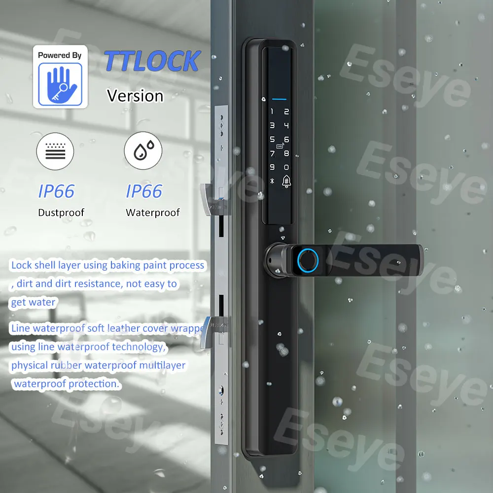 Eseye Biometric Fingerprint Latest Ip66 Dustproof Waterproof Serrure Intelligent Smart Aluminum Door Lock With Ttlock App