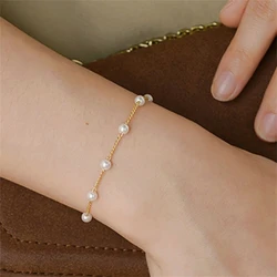 Women Simple Pearls Bracelets Vintage Beads Metal Chain Bracelet Fashion Luxury Design Elegant Stacked Wear Jewelry Charm Gifts