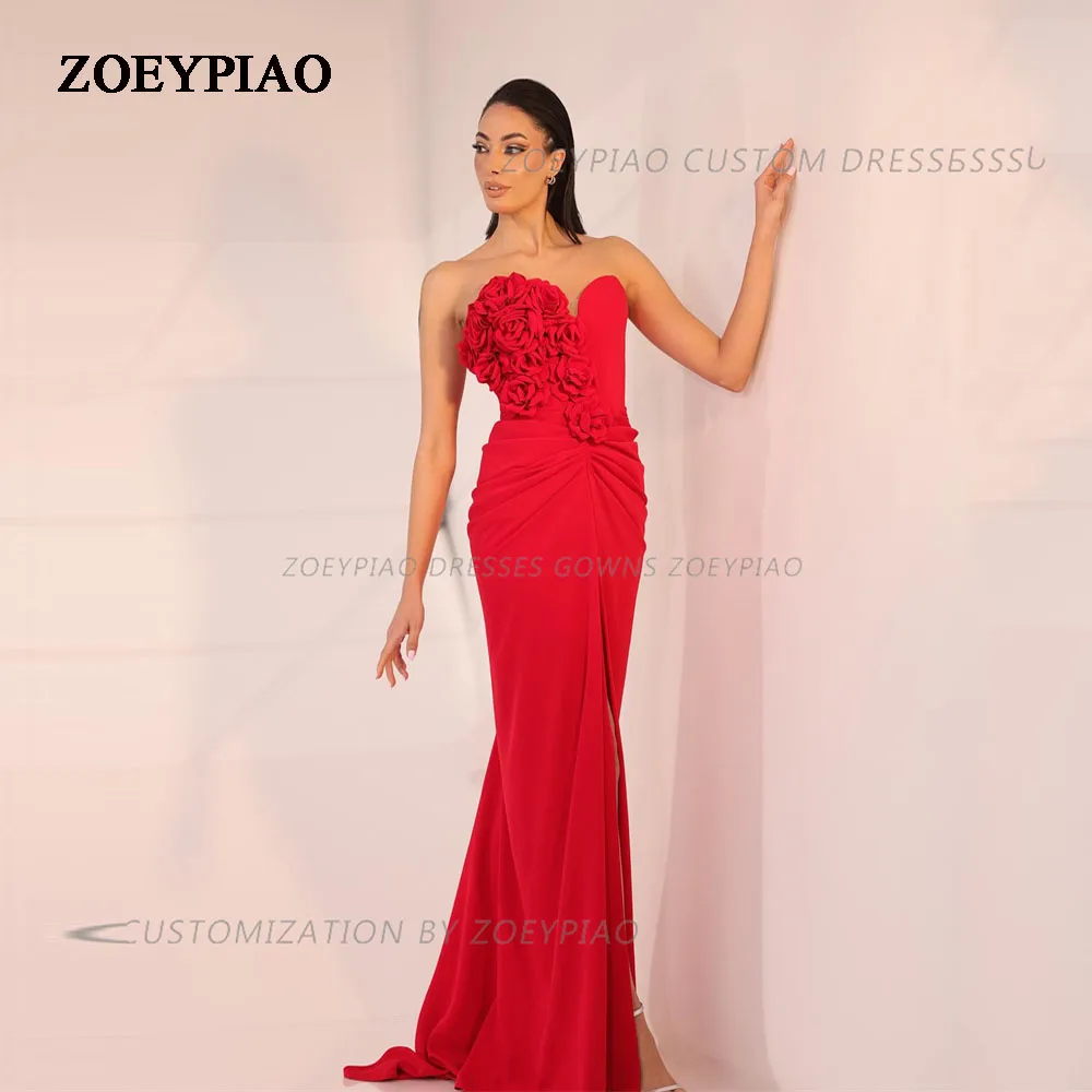 Elegant Red Satin Mermaid Evening Dresses For Women Front Slit Sleeveless 3D Flowers Party Long Luxury Prom Gowns