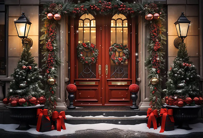 Mehofond-Fondo de Fotografía de Invierno para niños, decoración de retrato familiar, Retro, arco, puerta, nieve, árbol de Navidad, estudio fotográfico