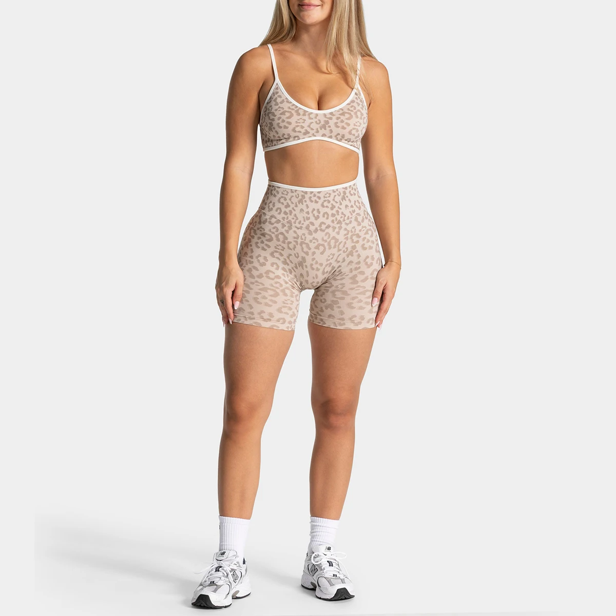Damen Leopardenmuster 2-teiliges Yoga-Set Hochgeschnittene Po-Lifting Radlerhose Verstellbarer Sport-BH Fitness-Workout Activewear