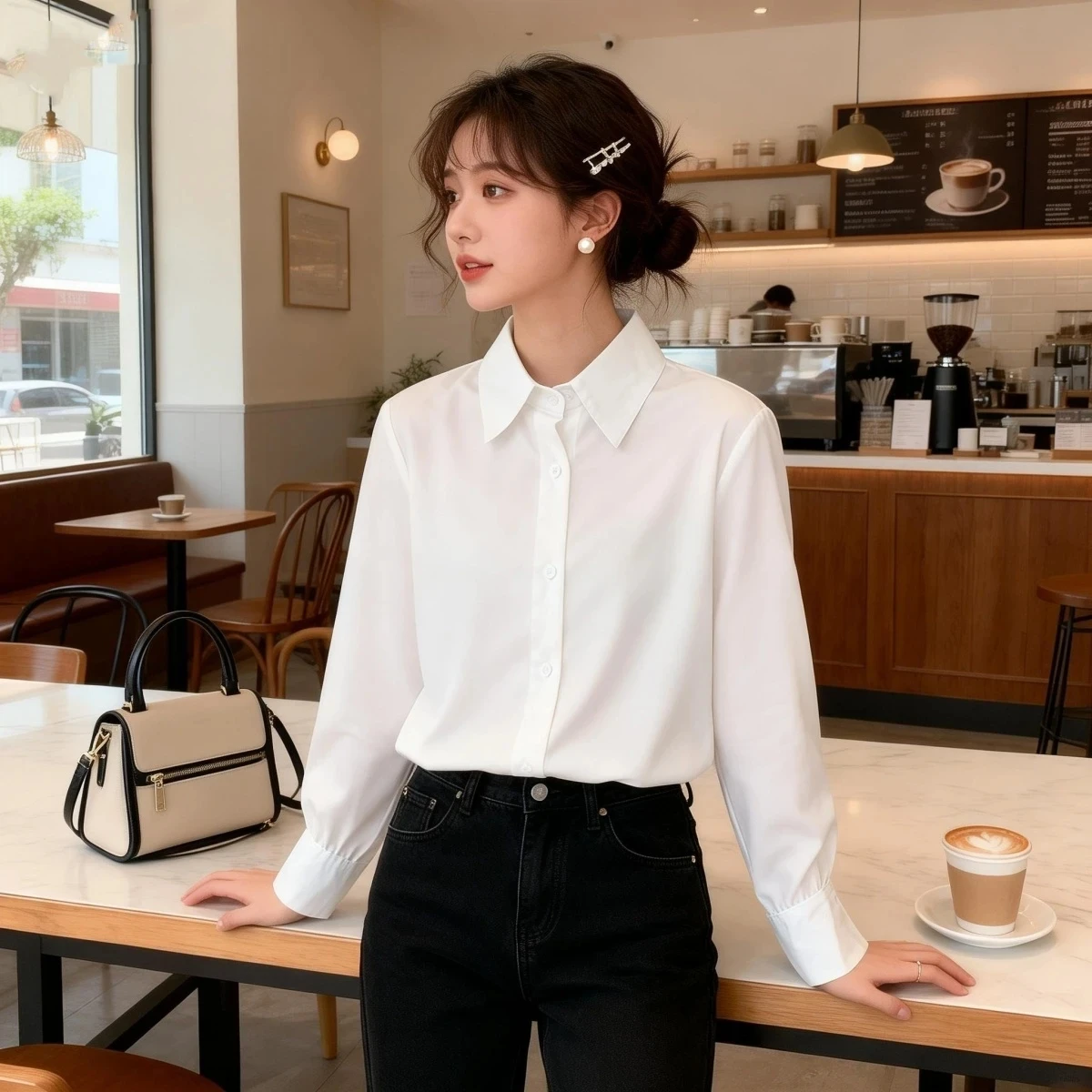 

Весенне-осенняя корейская однотонная базовая блузка с воротником, женская свободная повседневная модная многослойная блузка