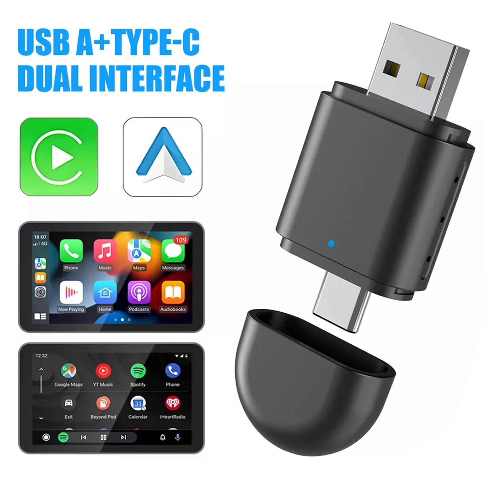 1Pc 2 in 1 Wireless Adapter For CarPlay For Android Auto Dual USB Dongle USB-A&Type-C Connector Mini Adapter OTA Supported