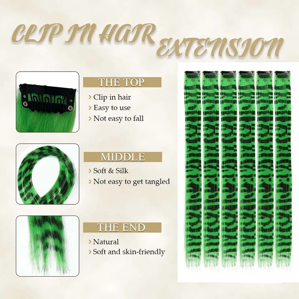 6 piezas de extensiones de cabello sintéticas con rayas de colores, largas y lisas, con clip, para uso diario, fiestas y Navidad 3