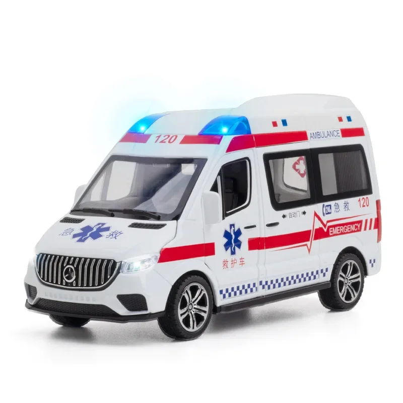 1:24 Mercedes-Benz Hospital Rescue Ambulance Metal Car Model Pull Back Sound and Light Alloy Car Toys for Children Boys Gift C68