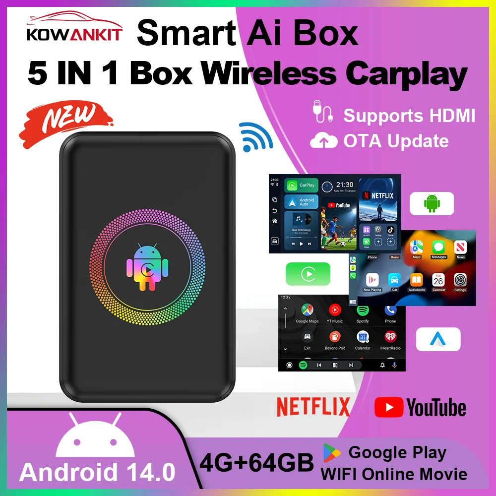 2026 Kowankit 4+64G Android 14 Wireless CarPlay Ai Box Smart Plug & Play 5 in 1 Android Auto HDMI Car Tv Box For YouTube Netflix