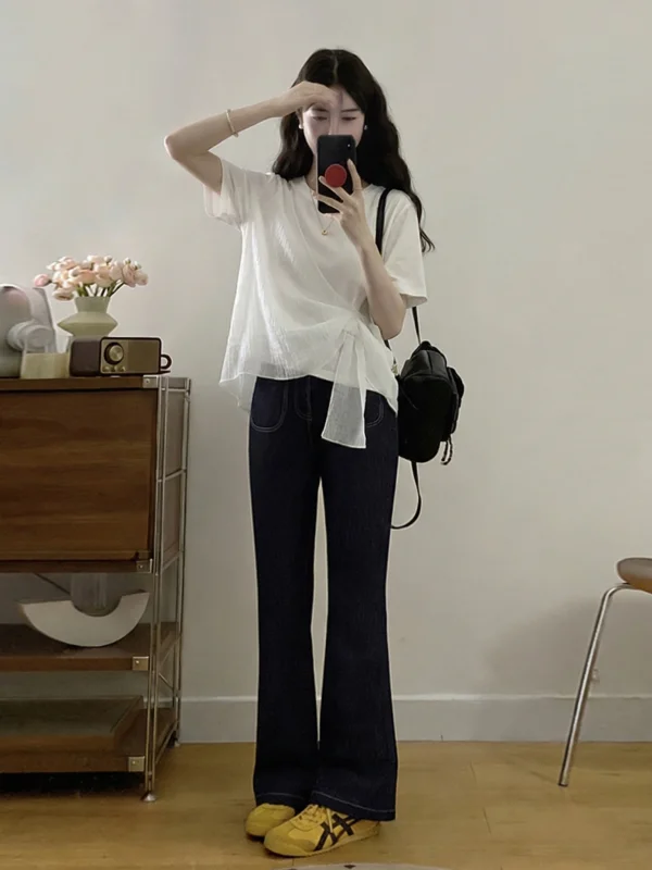 

White Splice Mesh Short Sleeve T-Shirt Women's plus Size Summer New Style Shoulder Length Irregular Top Cover Belly