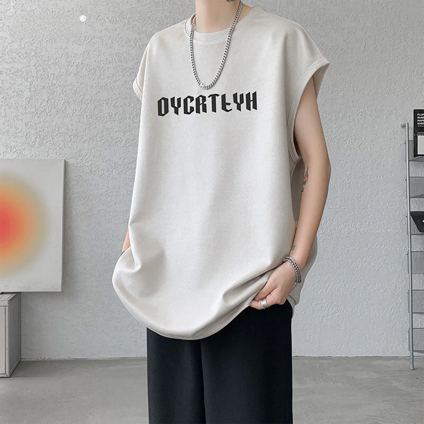 

Suede Vest Men Summer Thin American Trendy Brand round Ne Svel Loose Sports Fitn Overhead oulder Pad T-irt