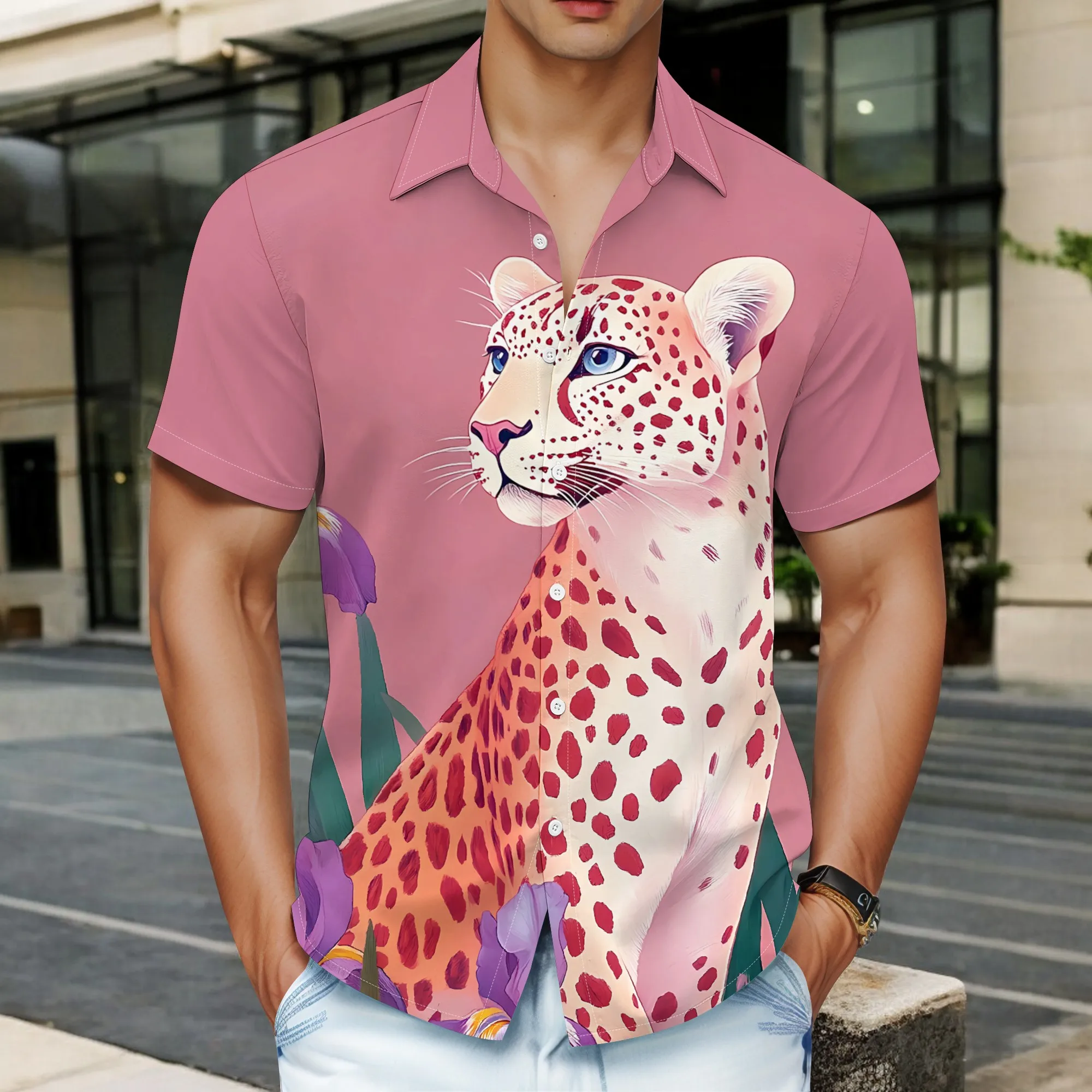 

YEAE Colorful Leopard Floral Print Shirt for Men Summer Casual Short Sleeve Top