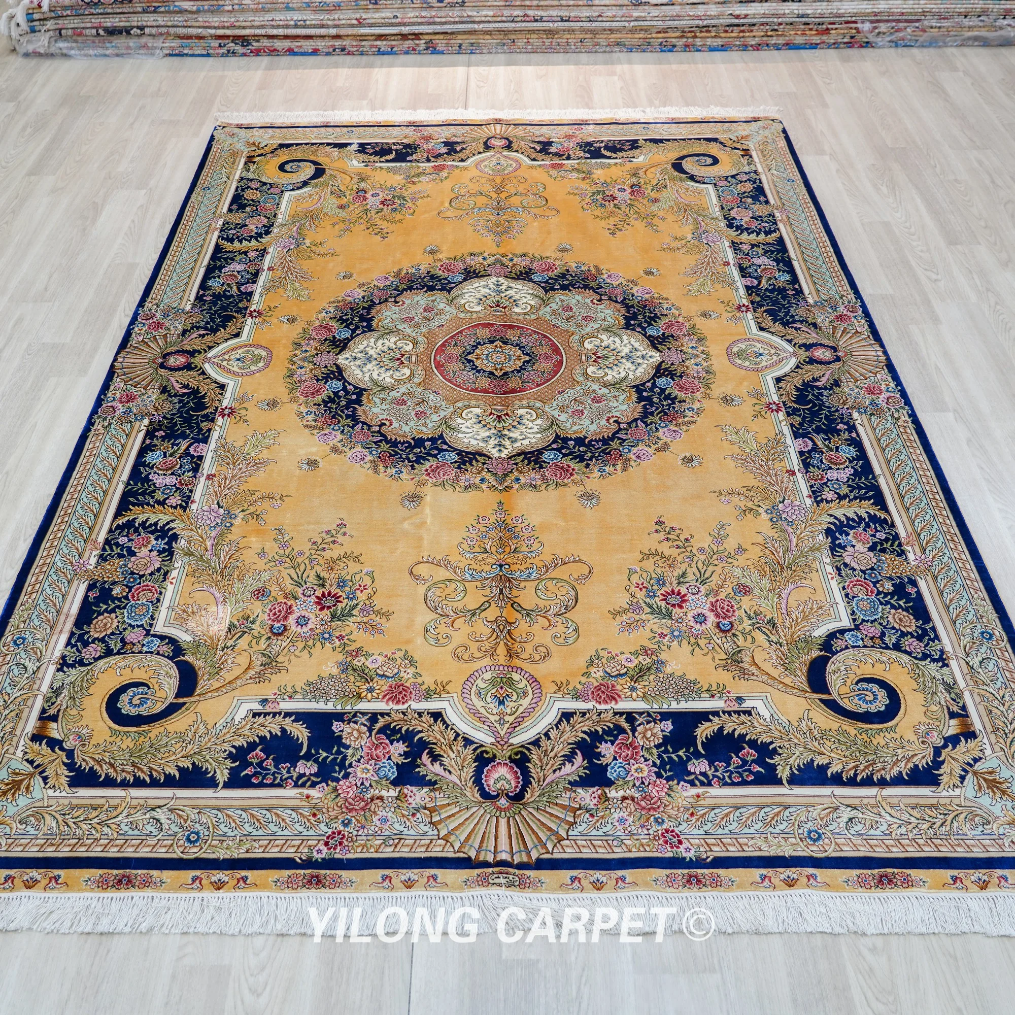 183x274cm Hand Knotted Persian Carpets Yellow and Blue Classic Oriental Silk Rug (TJ462A)