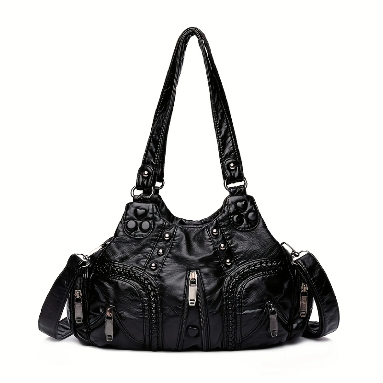 Vintage PU Leather Studded Decor Handbag - Women's Colorblock Crossbody Satchel Purse
