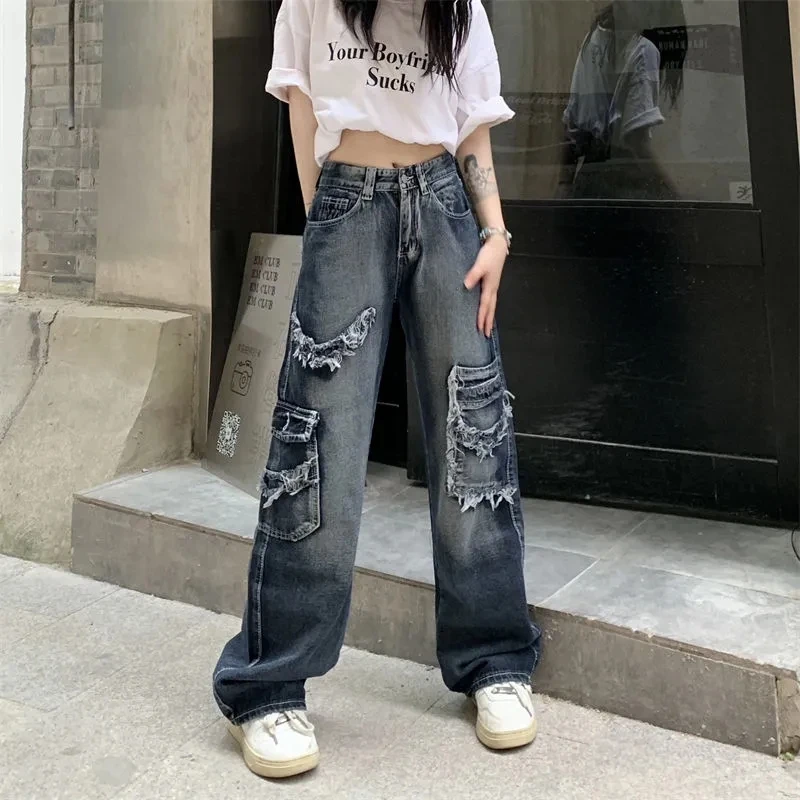 High Street Vintage Jeans Women Spring Summer Washed Old Wear Wear All-Match Straight Tube Dipped Trousers Loose Wide Leg Pants