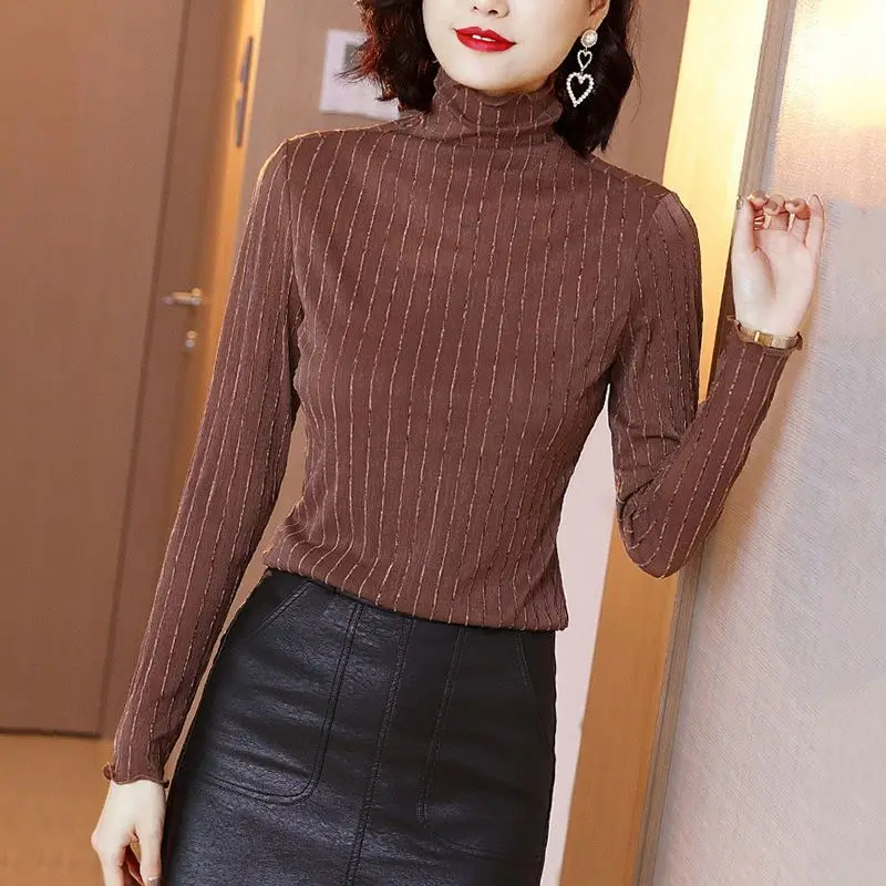 

Women's Clothing 2023 Spring Autumn Korean Fashion High Collar Slim Basic T-shirt Female Solid Long Sleeve Elegant Pullover Tops