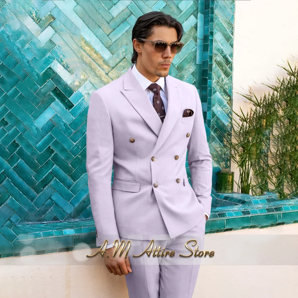 Terno masculino elegante de 2 peças, jaqueta bege com botões duplos, conjunto de calças para banquete de casamento, festa de ação de graças, smoking personalizado