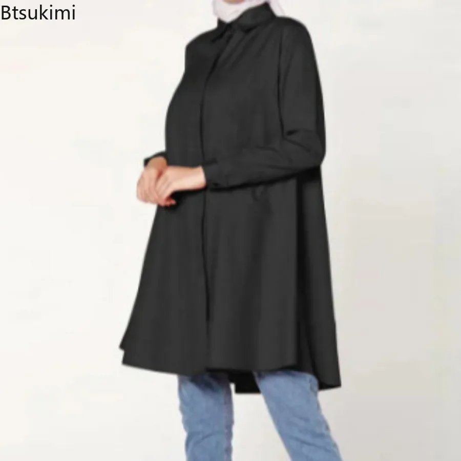 2024 Muslim Fashion Abayas for Women Oversized Solid Loose Casual Cardigan Lapel Button Tops Ladies Modest Blouses Elegant Shirt