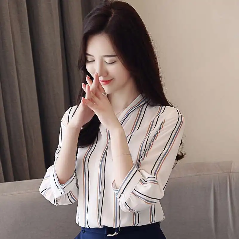 

Women's Western Sle Chiffon irt Autumn Temperament V-Ne Svel Top Striped Commute Sle Five-Quarter Length