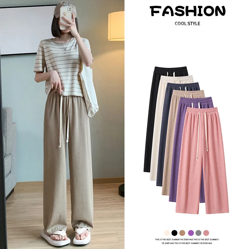 

Spring Summer Women Long Pants Casual Elastic Waist Stright Long Wide leg Suit pants Female Casual Spring Female Pants Trousers