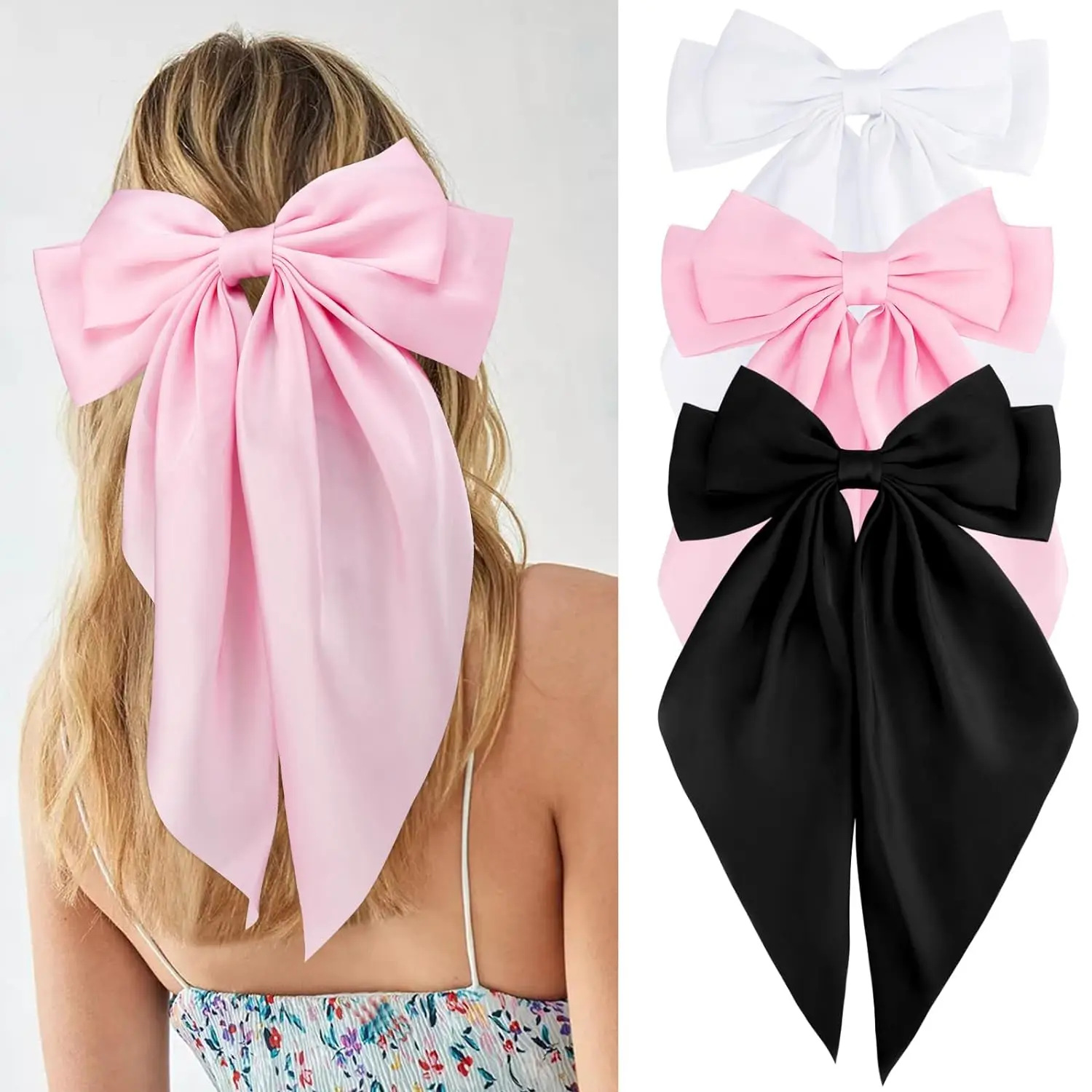 3Pcs Chiffon Bow Hair Clip Women Large Bowknot Satin Hairpin Barrettes Girls Solid Color Ponytail Clip Hair Accessories Headwear