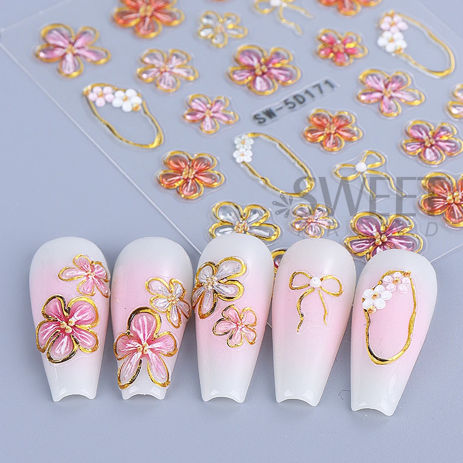 Pegatinas de uñas en relieve de lirio de cristal 5D, marco de línea dorada de pétalo colorido, calcomanía deslizante de lazo, accesorios de decoración de manicura DIY, herramientas