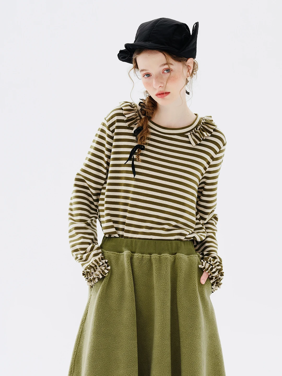 imakokoni original design round neck pullover long sleeve striped lace splicing T-shirt 234326