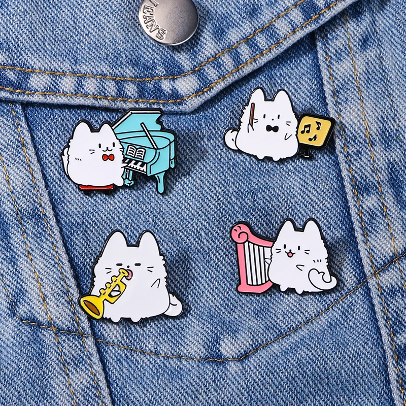 Cute Cartoon Instrument Persian Cat Pins Playing Piano Harp Saxophone White Kitten Kitty For Pet Lovers Gift