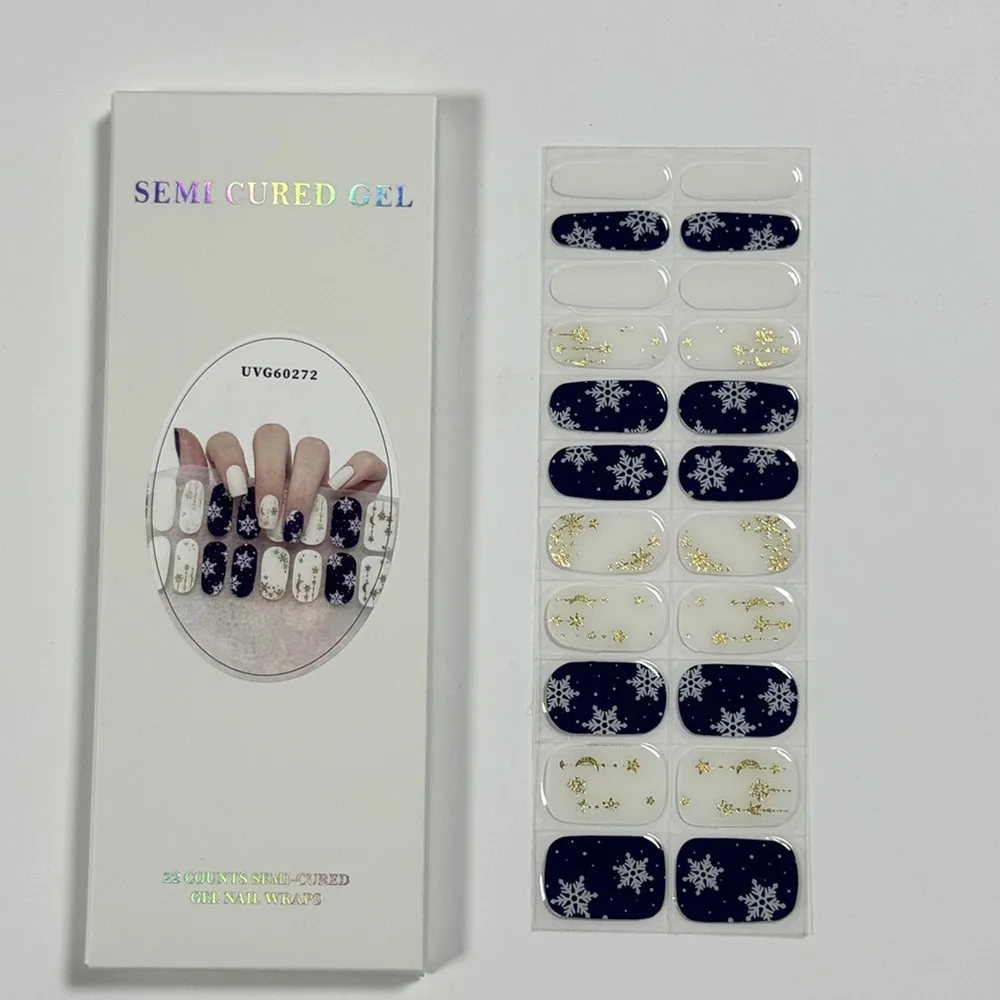 22Tips Christmas Semi-Cured Nail Wraps Simple Color Adhesive Waterproof Long Lasting Gel Nail Stickers for Manicure UV Lamp Need