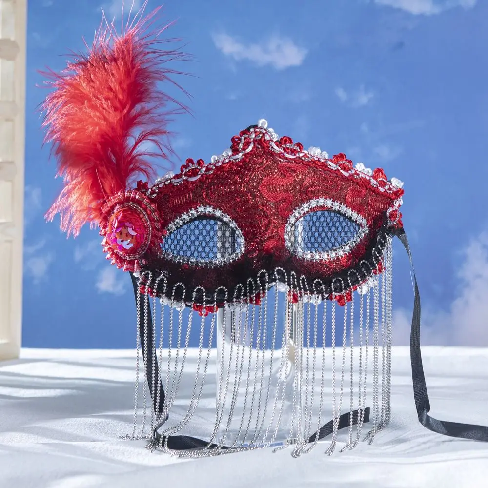 

Lace Feather Venice Mask Rhinestone Carnival Costume Props Veil Tassel Mask Masquerade Jewelry Facial Jewelry Accessories Party