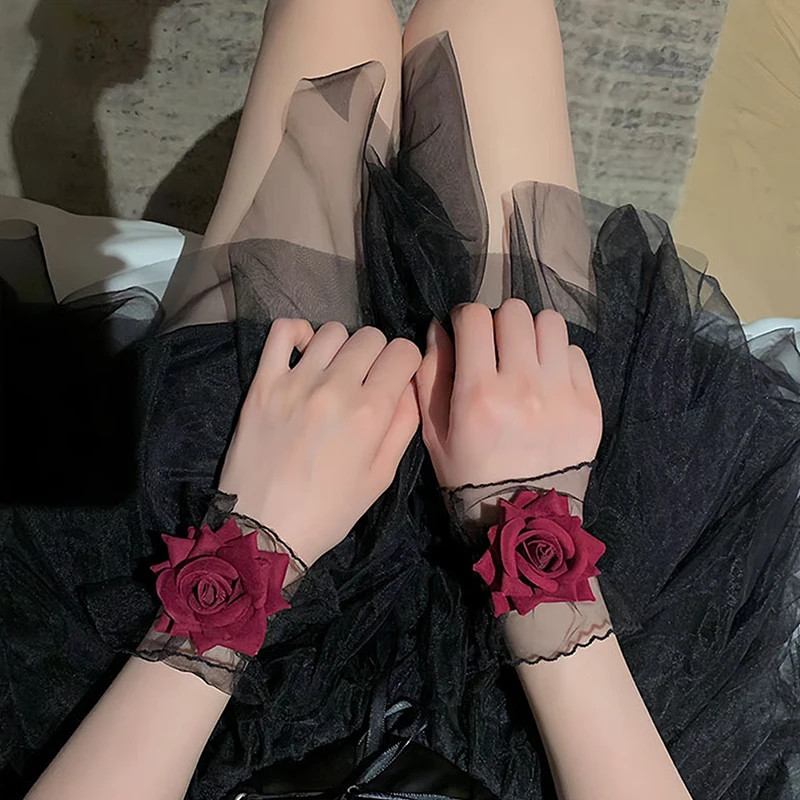 Manset Lengan renda Ruffle mawar baru dekorasi manset pergelangan tangan Lolita lepas pasang Lengan renda jaring Steampunk