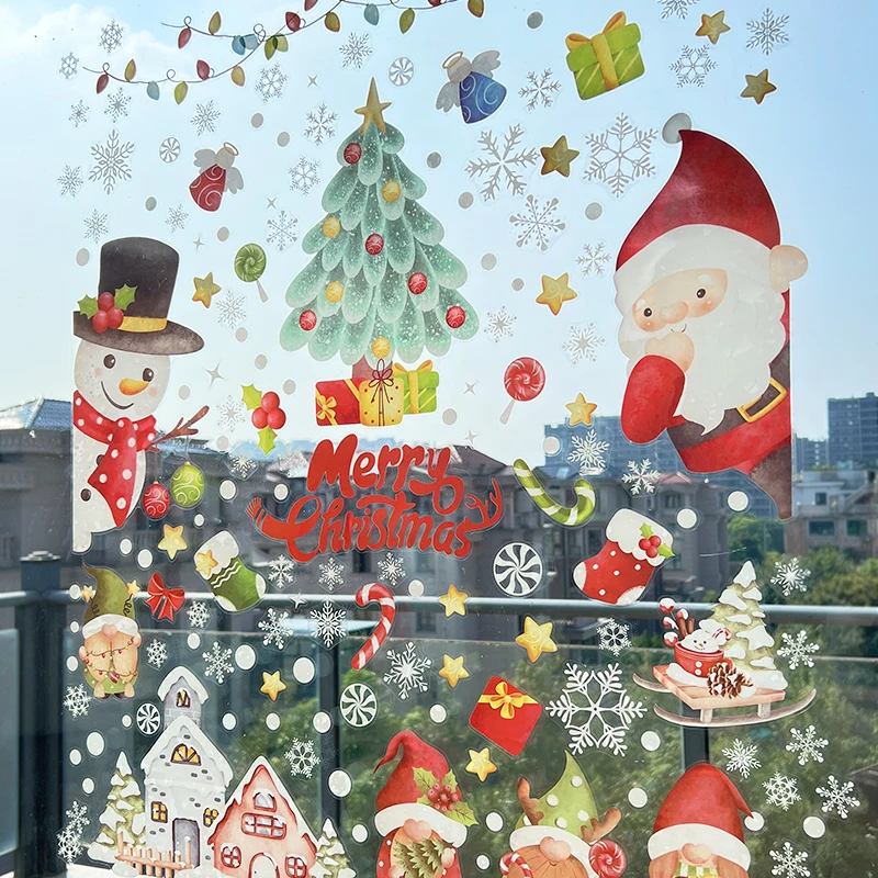 9Sheets Xmas Window Sticker Snowflake Santa Claus Elk Wall Sticker Removable Static Cling Decal Merry Christmas New Year Decor