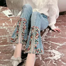 Luxury Women Diamonds Beaded Flare Jeans Spring Sweet Rhinestone Denim Pants Colorful Crystals Split Bootcut Denim Trousers