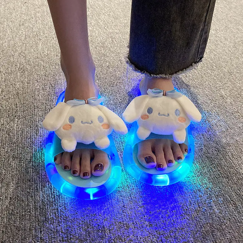 Hello Kitty Sanrio Kuromi Stitch Glow Slippers Wear Outside Beach Fashion Minority Cute One-line Sandals Girls Gifts