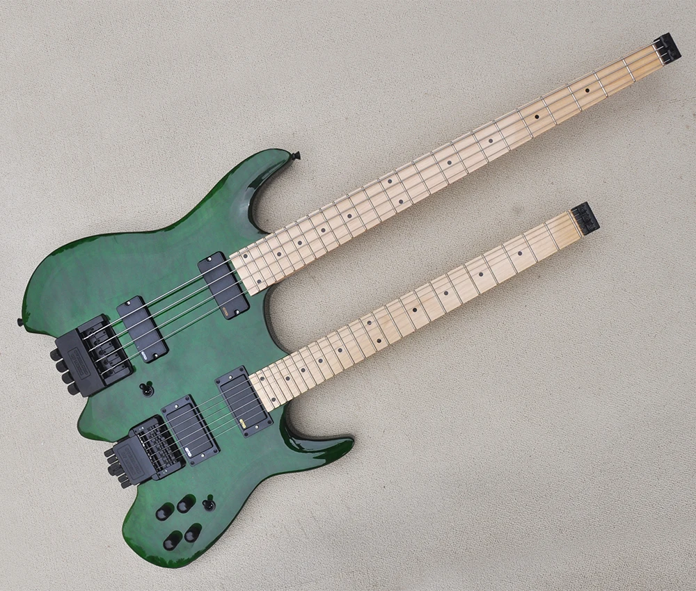 

4+6 Strings Green Headless Double Necks Electric Guitar with Quilted Maple Veneer, Maple Fretboard
