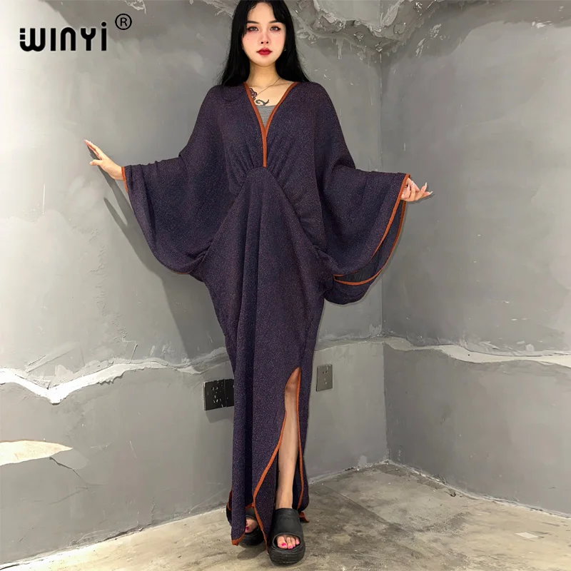 WINYI 2023 Solid color pleated edge deep V sexy maxi long dress Women batwing Sleeve holiday elegant evening dress fashion robes