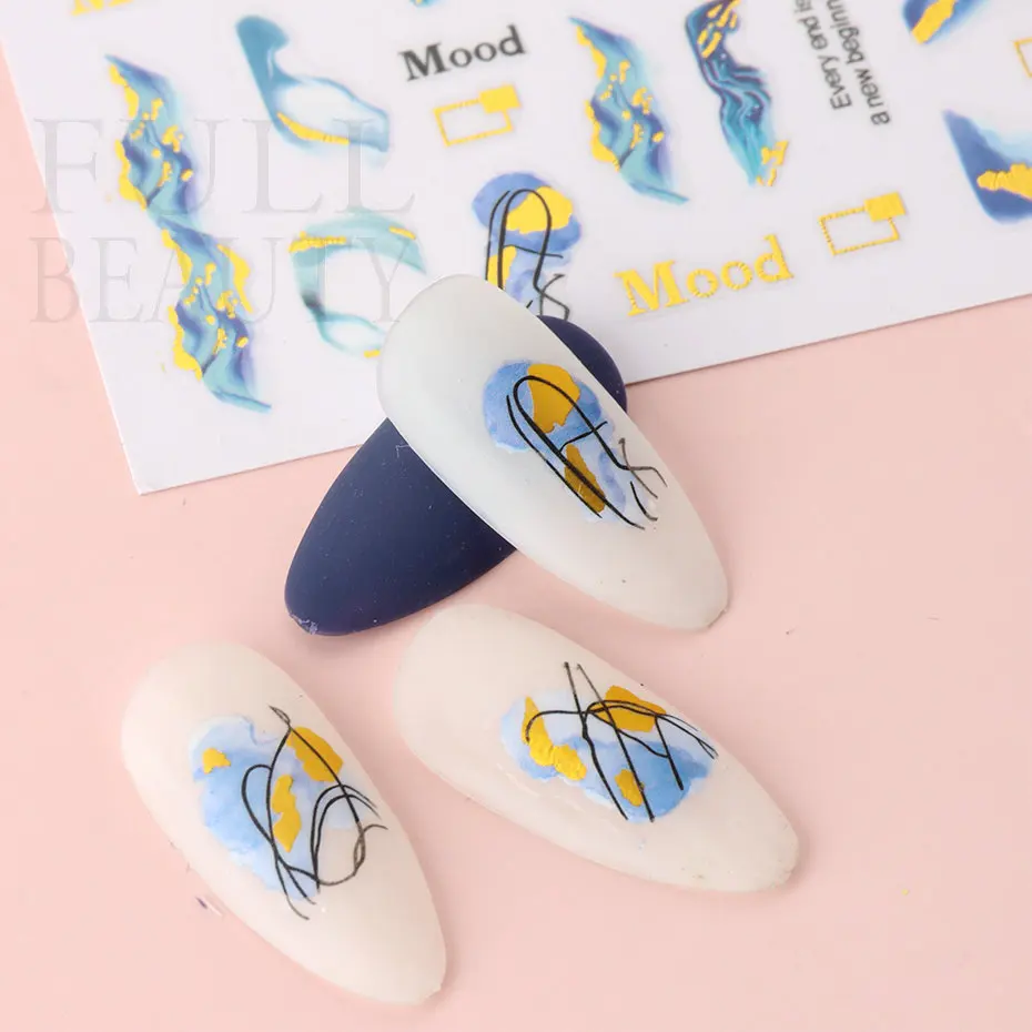 Marble Smoky Nails Stickers Peacock Green Gold Lines Sliders on Nail Charms Blooming Ink Painting Decal Adornment Manicure YB004