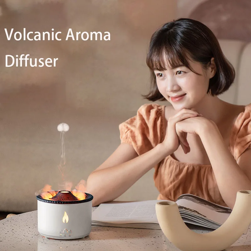 

300ML Creative Simulation Flame Humidifier Volcanic Jellyfish Aroma Diffuser Essential Oil With Timing Appointment Function