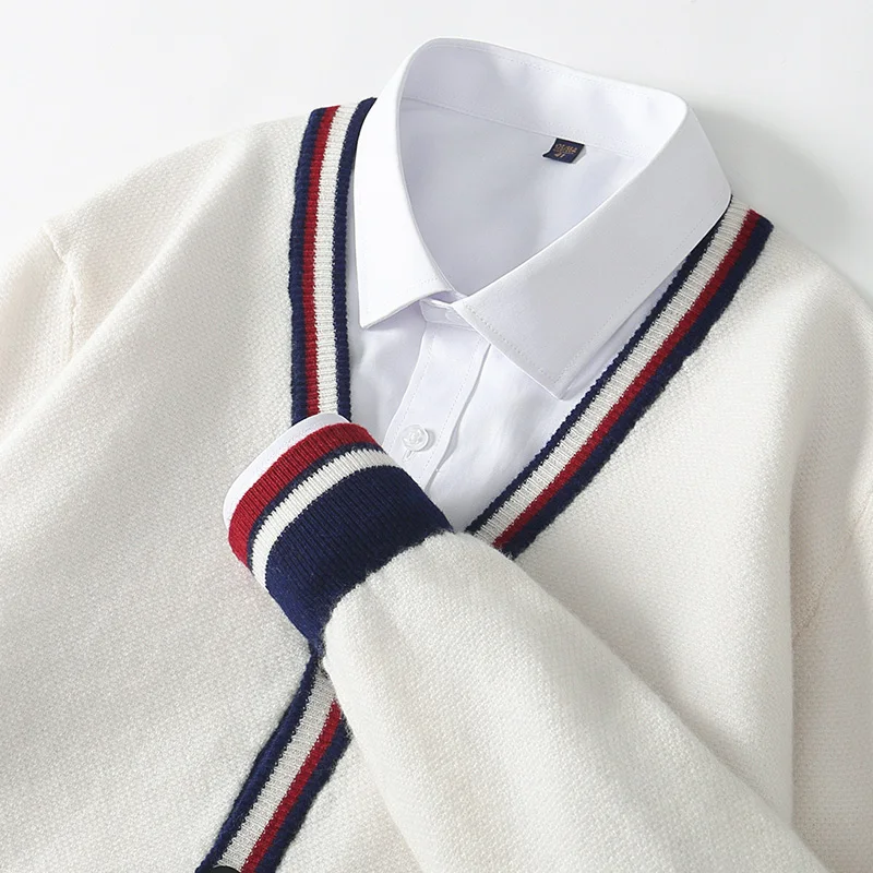 

Fashion 100% Merino Wool V-Neck Color-Block Long Sleeves Cardigan With Buttons Sweater Cashmere Clothing Comfort Warm Top