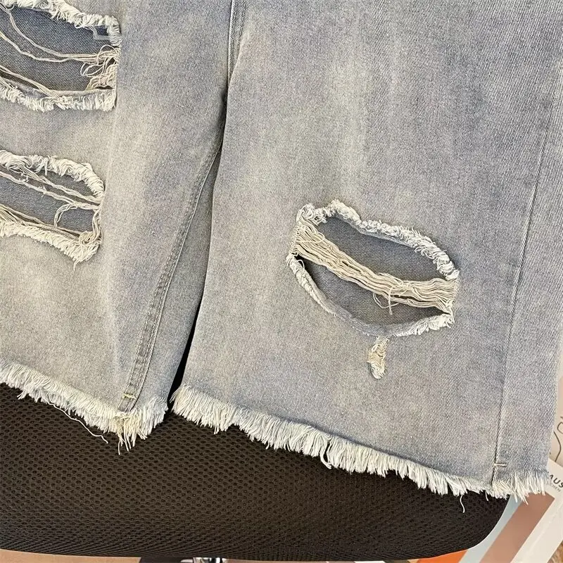 High street rasgado denim shorts verão retro azul masculino shorts americano casual moda perna reta masculino buraco na altura do joelho jeans